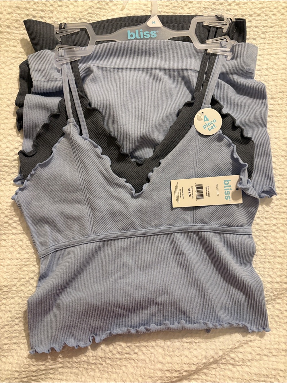 Bliss Light Blue & Darker Blue Ribbed Lettuce-Edge Camisole Set 2-sets